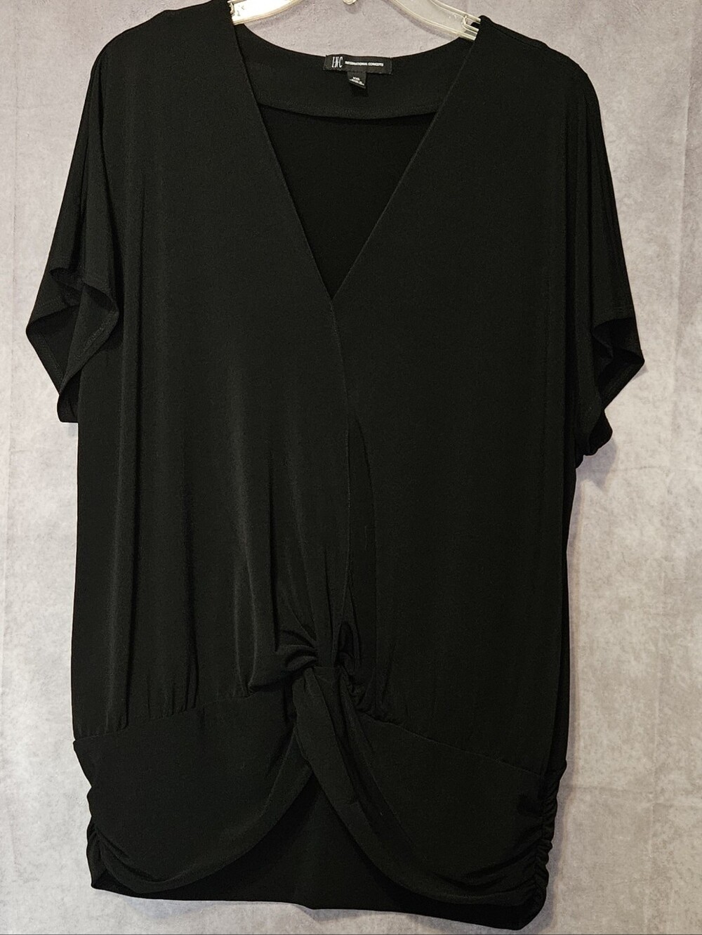 INC International Concepts XXL Black Top V-Neck Ruched Front Knot Blouse Shirt